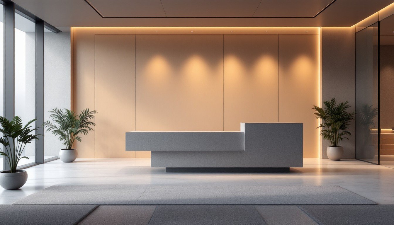 Modern reception area with a sleek geometric gray desk, warm backlit wall panels, and large potted plants creating a clean, minimalist, and welcoming atmosphere.
