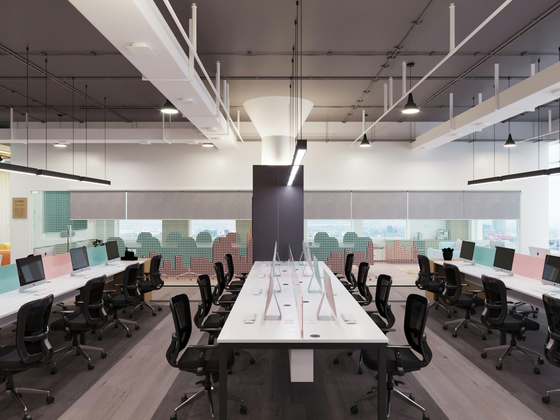 Modern open‑plan office with long rows of white desks, pastel dividers, multiple monitors, and black ergonomic chairs arranged in a clean, organized workspace with large windows and industrial‑style lighting.