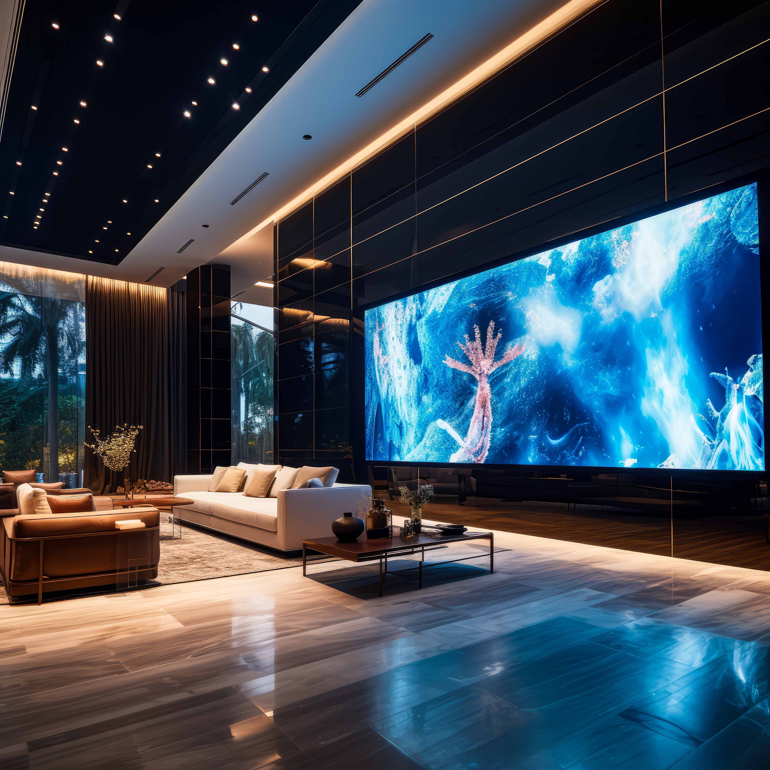 Modern living room with a high ceiling, a large digital display showing a vivid blue abstract scene, a white sofa, a brown leather armchair, and floor‑to‑ceiling windows looking out to palm trees.
