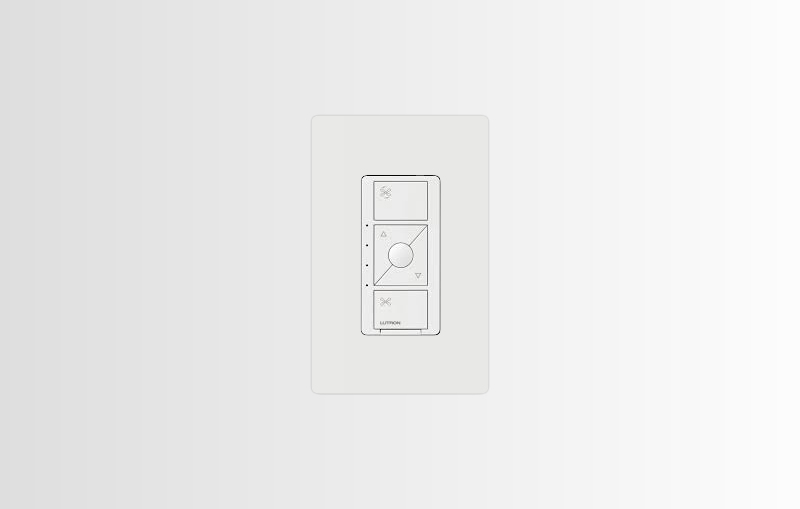 Lutron fan control switch on a white wall.