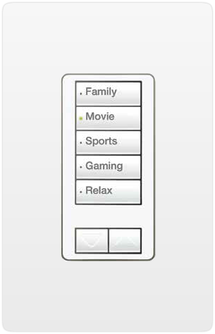 Lutron keypad with buttons labeled for different activities: Family, Movie, Sports, Gaming, Relax.
